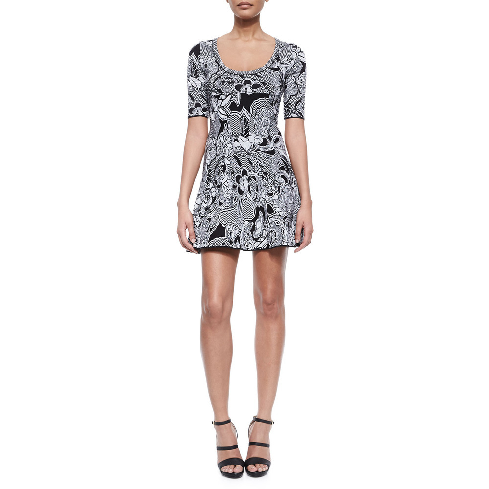 M Missoni Floral Zigzag Intarsia Women's Dress Fit Flare Scoop‎ Neck Black Cream